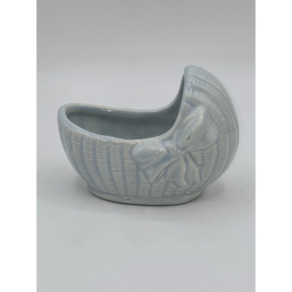 Haeger USA Blue Basket Planter Bow Accent Ceramic Pot Small Cachepot